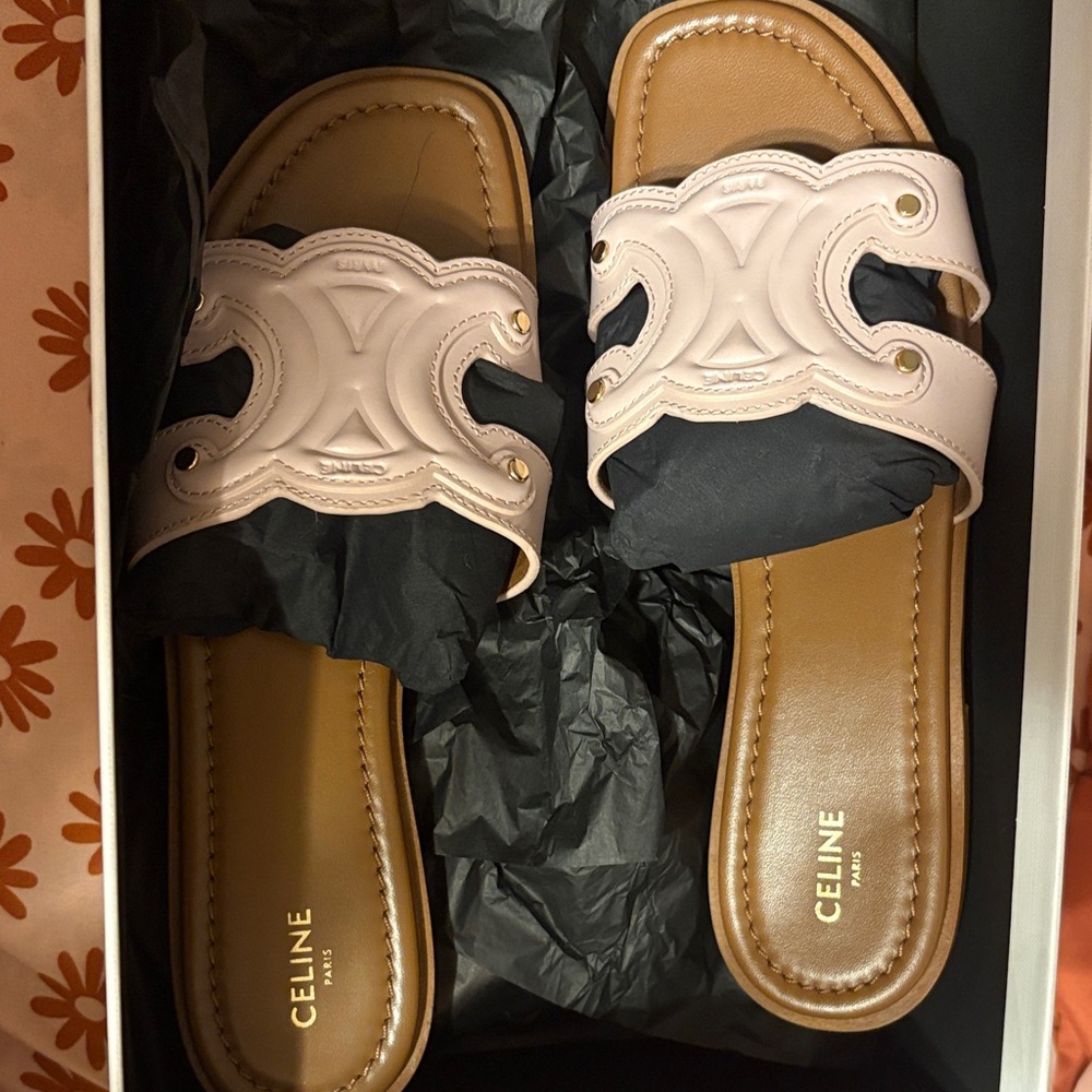 Celine Women's Cream and Tan Slide Sandals